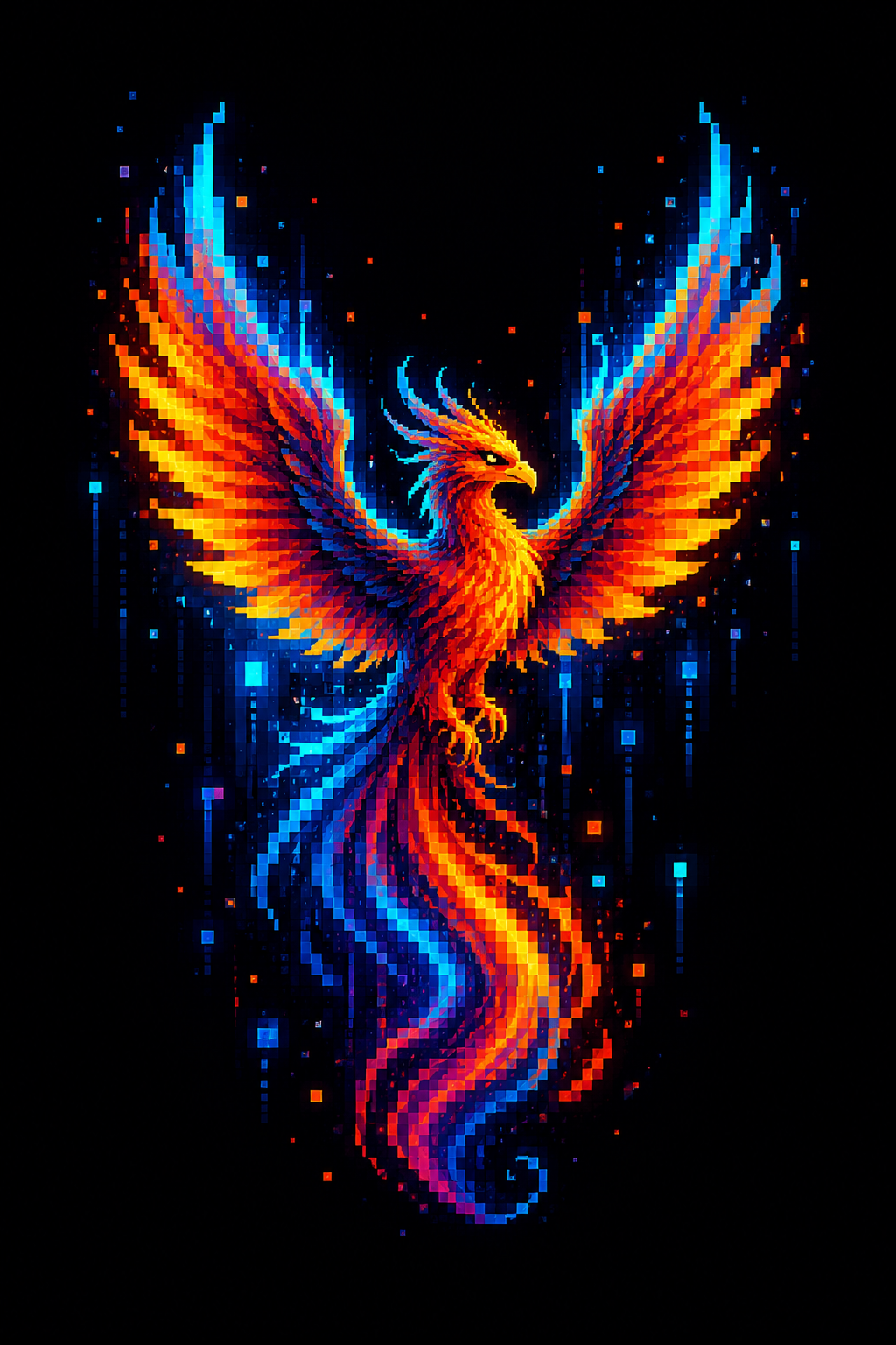 Ave fénix de pixel art en tonos naranja, azul y cian sobre fondo oscuro